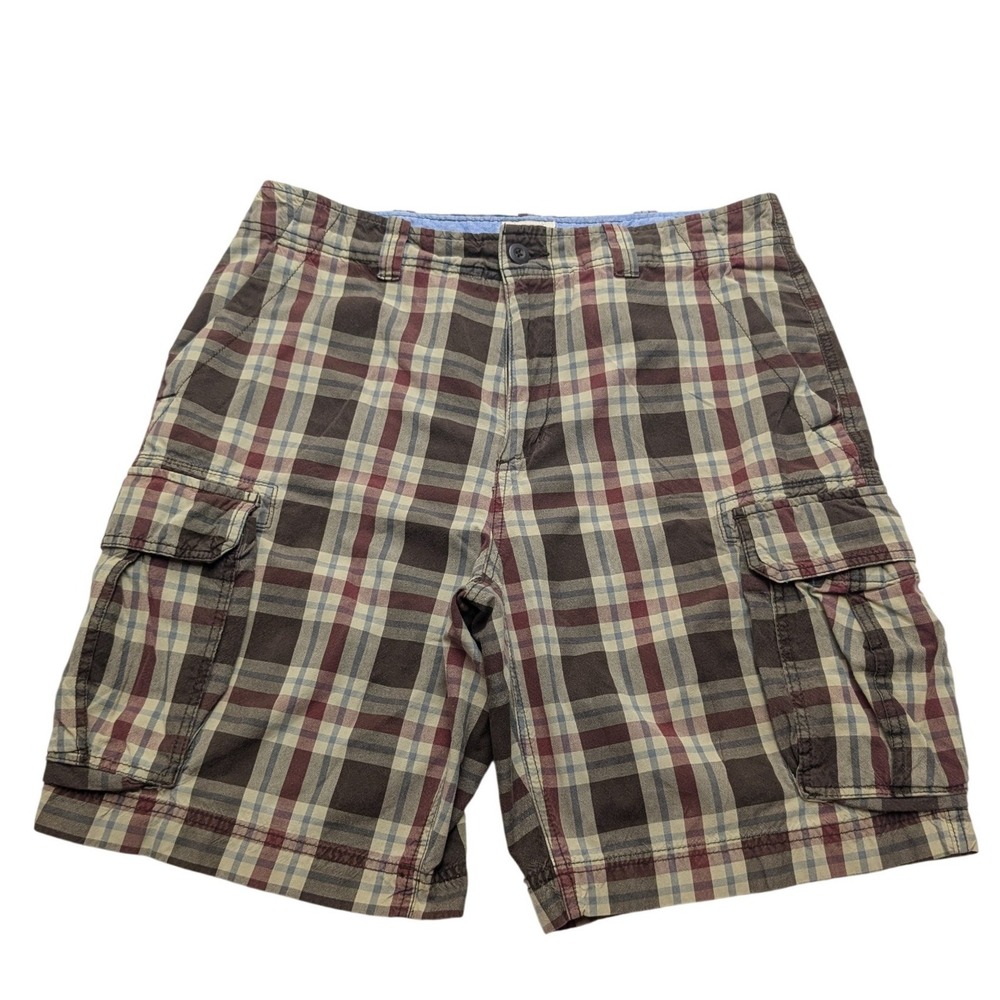 Y2K St. John's Bay Cargo Shorts Mens 36 Brown Plaid Cotton Multi Pocket Utility
